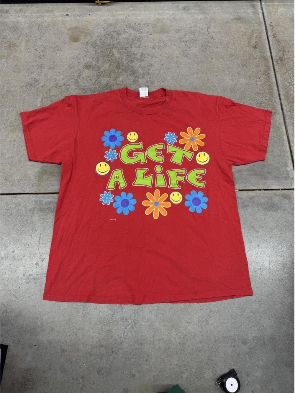 vintage get a life freeze made in usa red smiley face flower shirt size xl